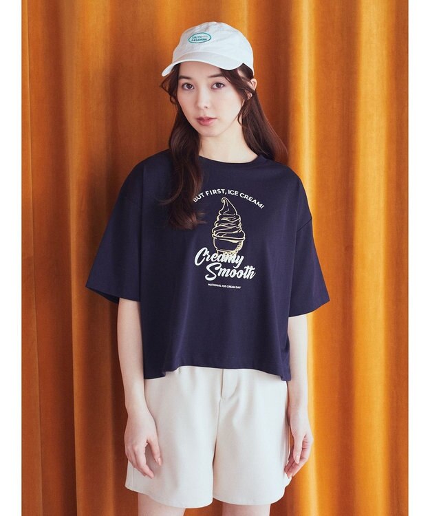 earth music&ecology ＩＣＥ　ＣＲＥＡＭ！　ショートＴ Navy