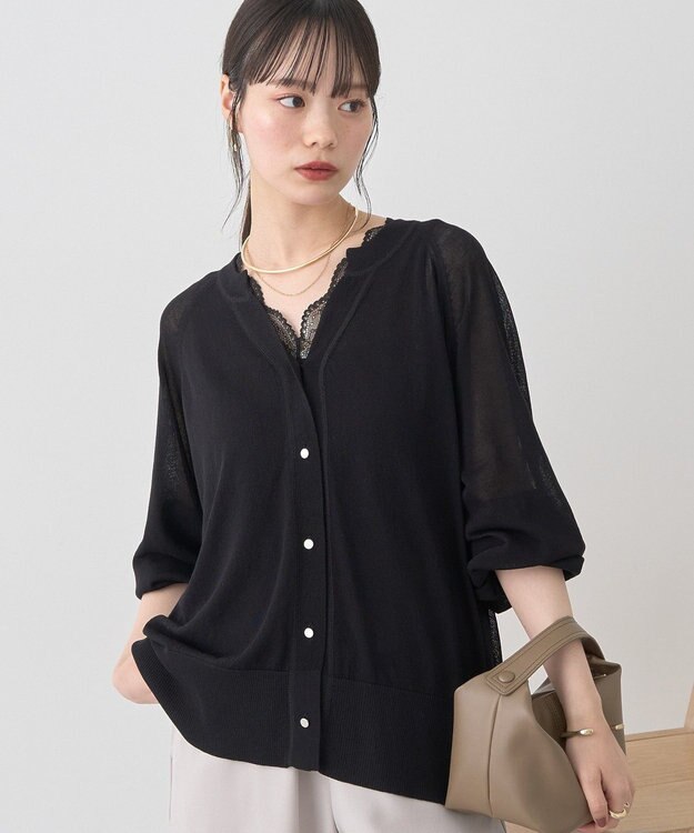 earth music&ecology 【接触冷感】キーネックシアーカーディガン Black