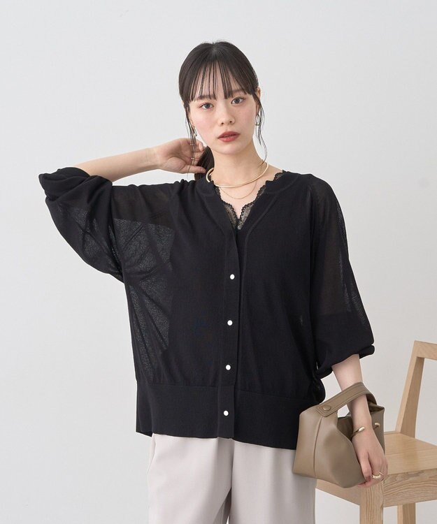 earth music&ecology 【接触冷感】キーネックシアーカーディガン Black