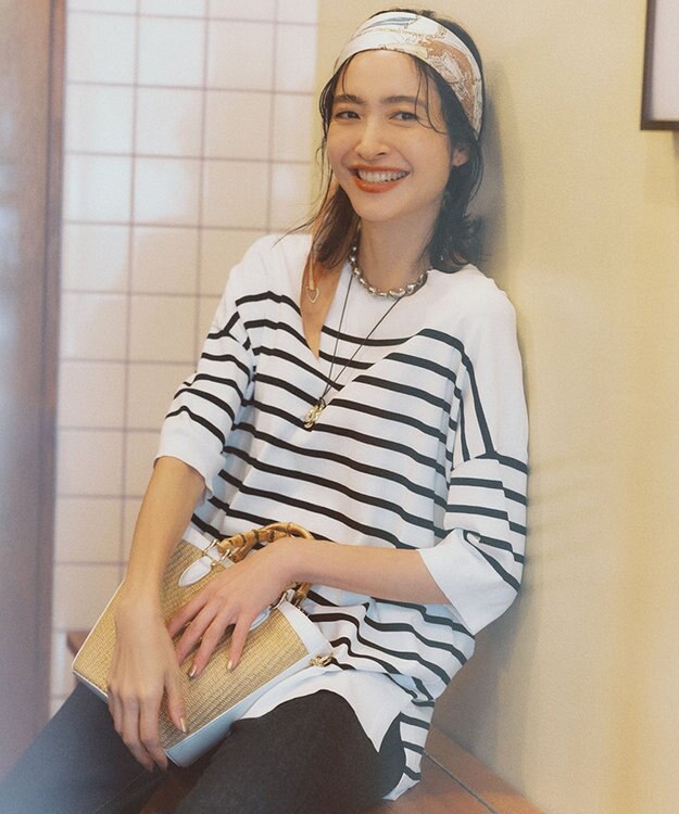 自由区 L 【接触冷感・UVカット・WEB限定カラーあり】クレープストレッチプルオーバー ニット [WEB限定]オフ×ブラックボーダー