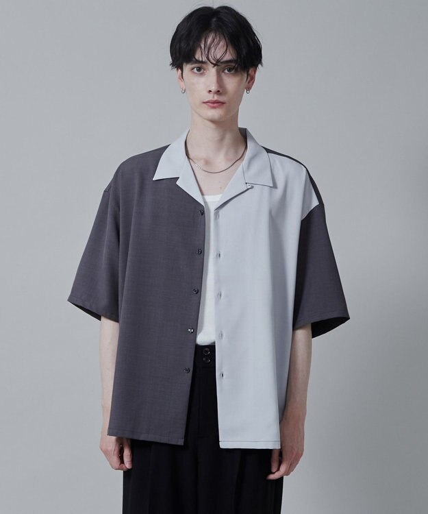 WEGO カラーブロックオープンカラーシャツ（S） ダークグレー