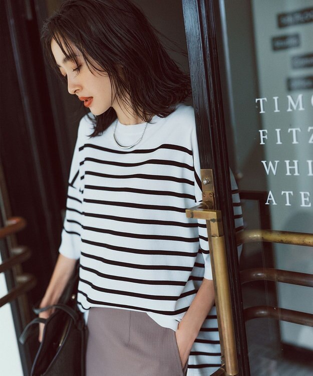 自由区 【接触冷感・UVカット・WEB限定カラーあり】クレープストレッチプルオーバー ニット [WEB限定]オフ×ブラックボーダー