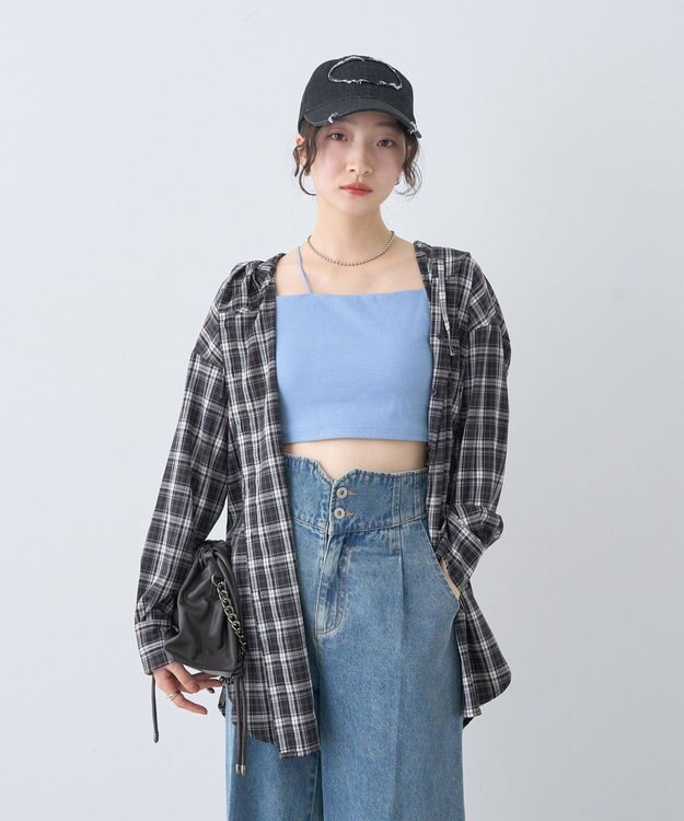 earth music&ecology フーディーチェックシャツ Black