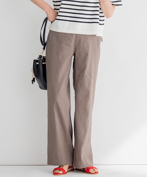 23区 L 【洗える】リネンレーヨンストレッチ ワイド パンツ ダークブラウン系