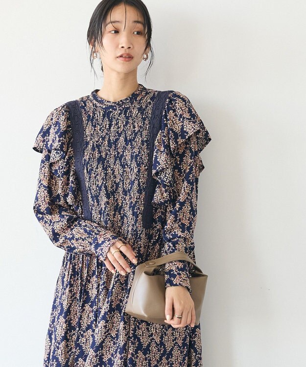 CRAFT STANDARD BOUTIQUE シャーリング袖フリルワンピース Flower yellow