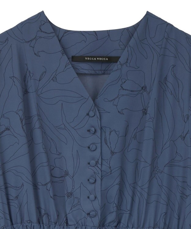 YECCA VECCA ラインボタニカル柄プリーツワンピース Blue