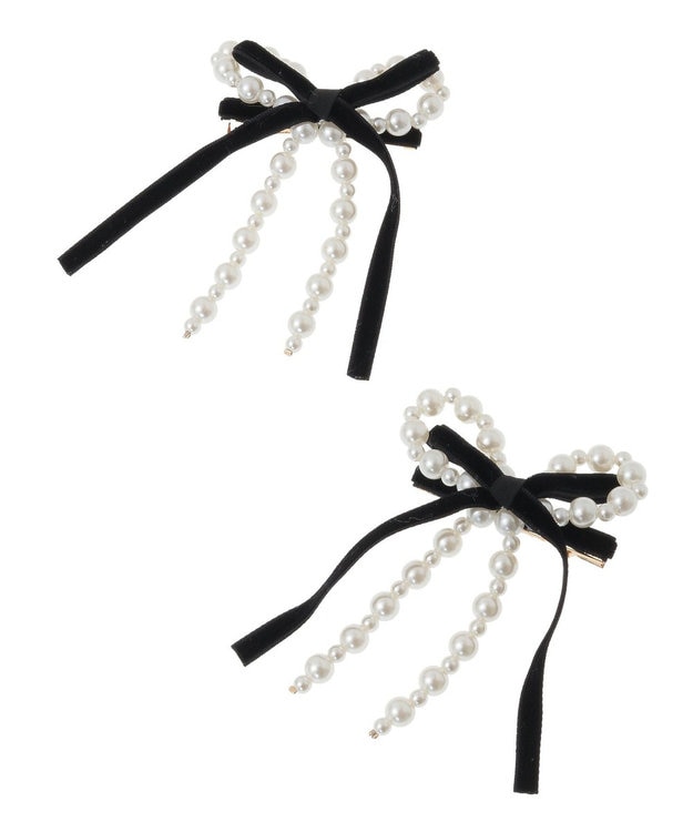 Maison de FLEUR パールベロアリボン2セットクリップ Black
