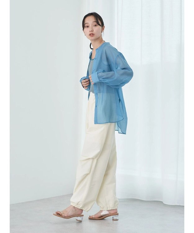 earth music&ecology シアーバンドカラーシャツ Blue