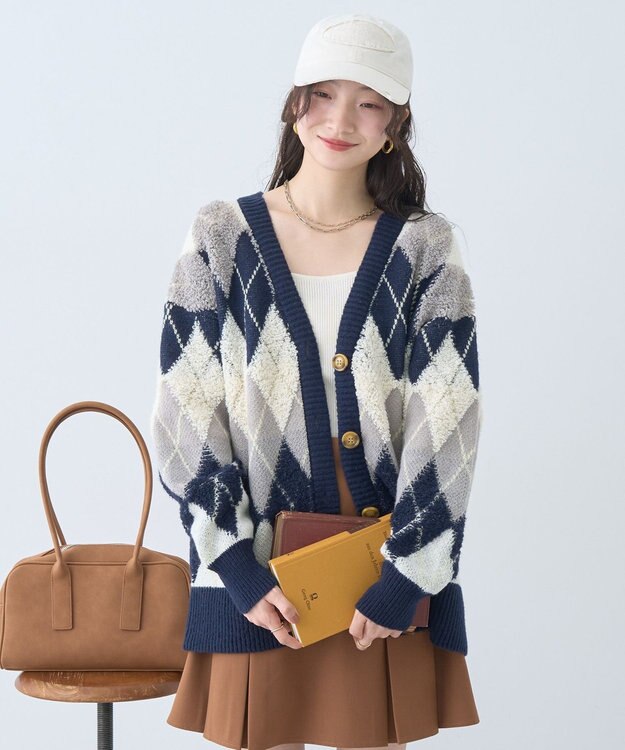 earth music&ecology ループ編みアーガイルカーディガン Navy