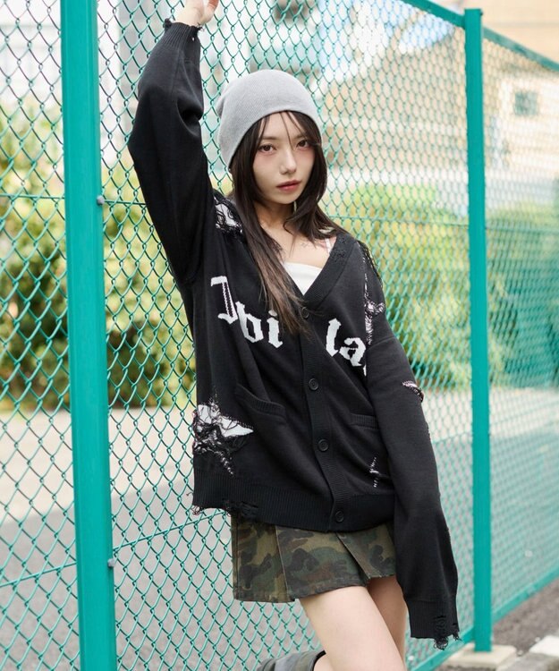 WEGO 【ユニセックス着用ITEM】ダメージジャガードカーディガン ブラック