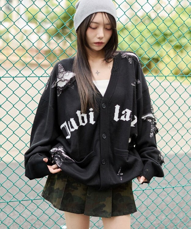 WEGO 【ユニセックス着用ITEM】ダメージジャガードカーディガン ブラック