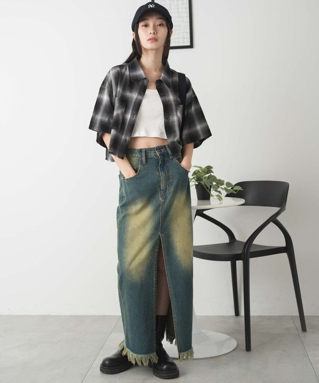 WEGO 【手洗い可/綿100％】オンブレチェックショートシャツ ブラックチェック1