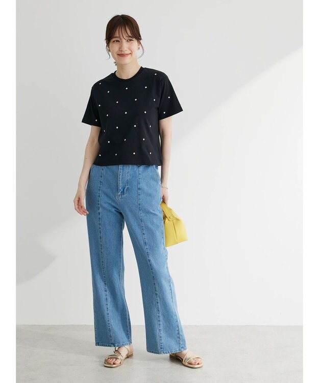 Green Parks ・Ｄｏｕｂｌｅ　Ｆｌａｇｓ　フラワー刺繍Ｔシャツ Black