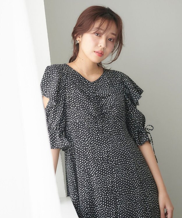 Feroux 【洗える】ショルダーオープンドット ワンピース ブラック系5