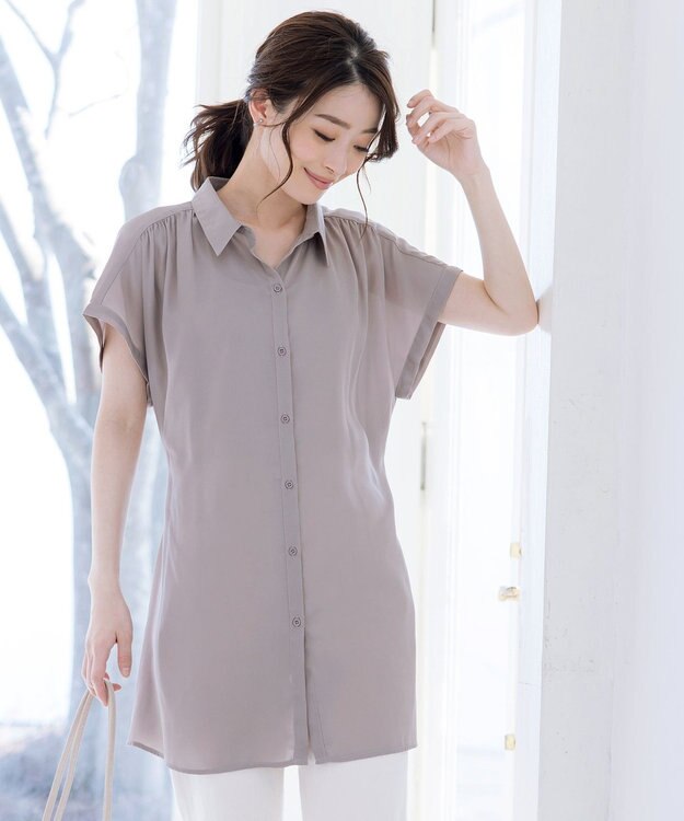 Tiaclasse L 【洗える】フレンチスリーブシャツチュニックブラウス グレージュ