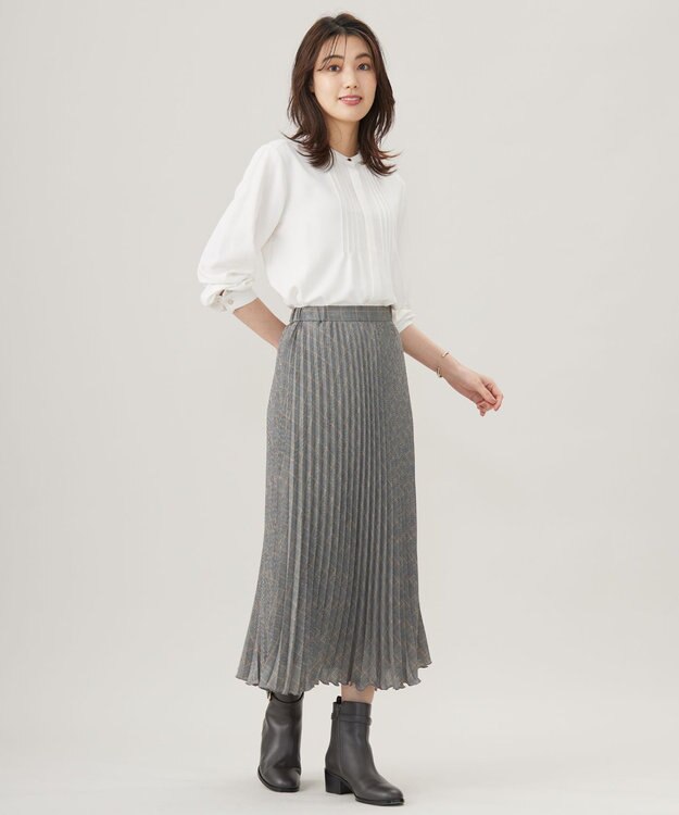 J.PRESS LADIES L 【洗える】テトロンレーヨンビエラ チェック プリーツ スカート ブラック×イエロー系