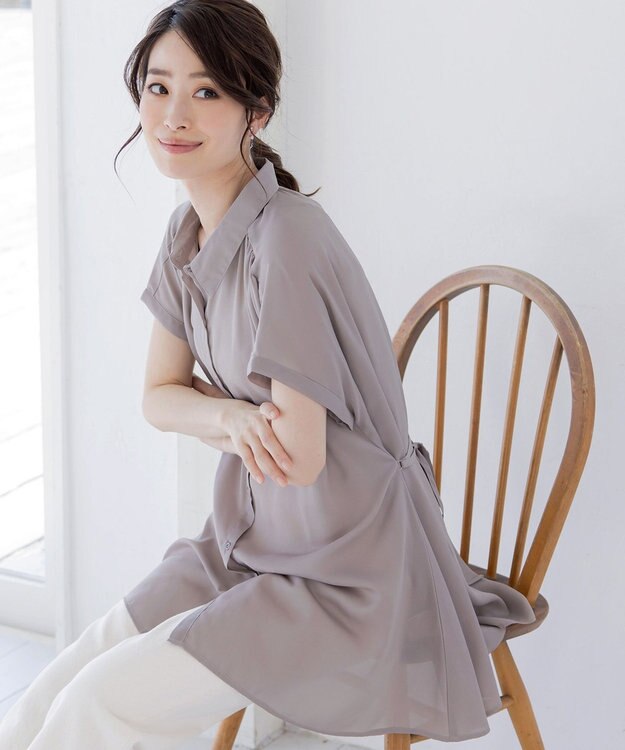 Tiaclasse L 【洗える】フレンチスリーブシャツチュニックブラウス グレージュ