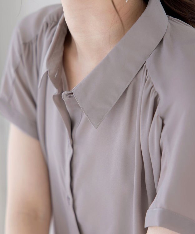 Tiaclasse L 【洗える】フレンチスリーブシャツチュニックブラウス グレージュ