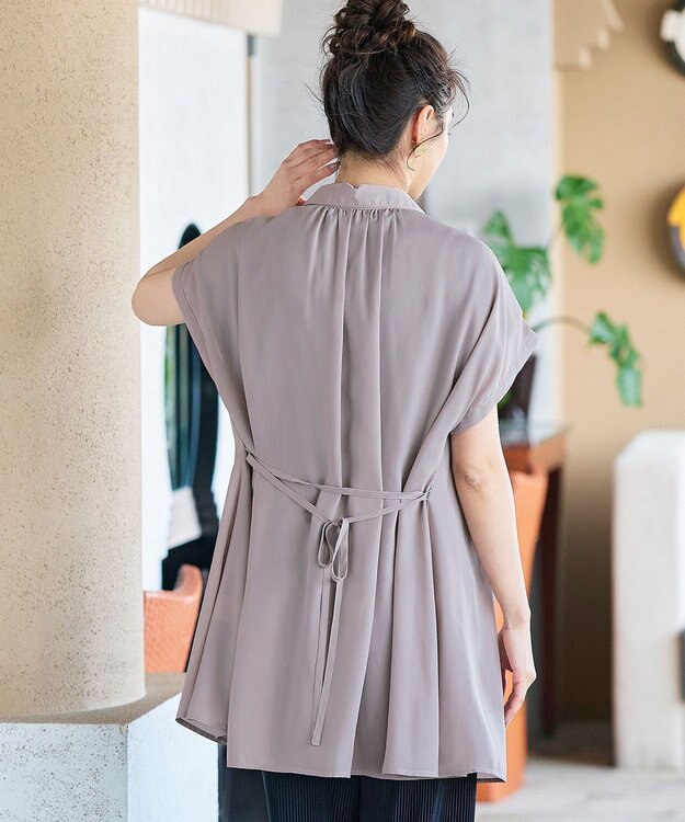 Tiaclasse L 【洗える】フレンチスリーブシャツチュニックブラウス グレージュ