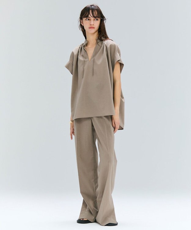 BEIGE， 【洗える/接触冷感/速乾/UVケア対応】BATEAU / Vネックバックギャザーハーフスリーブブラウス Taupe