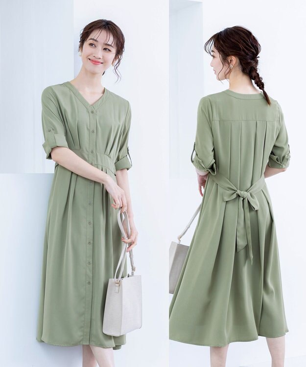 Tiaclasse L 【新色追加・洗える】バックリボン前開きワンピース ライトカーキ