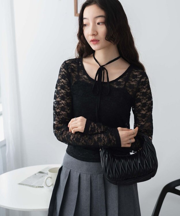 WEGO チョーカーリボン付きレースロンT ブラック