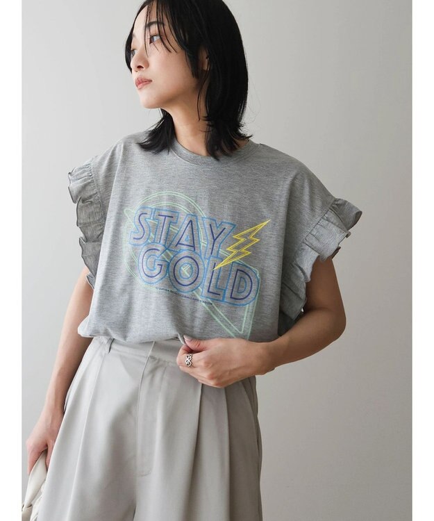 Green Parks ・ＤｏｕｂｌｅＦｌａｇｓ　フリルショルダープリントＴＥＥ Gray Mixture