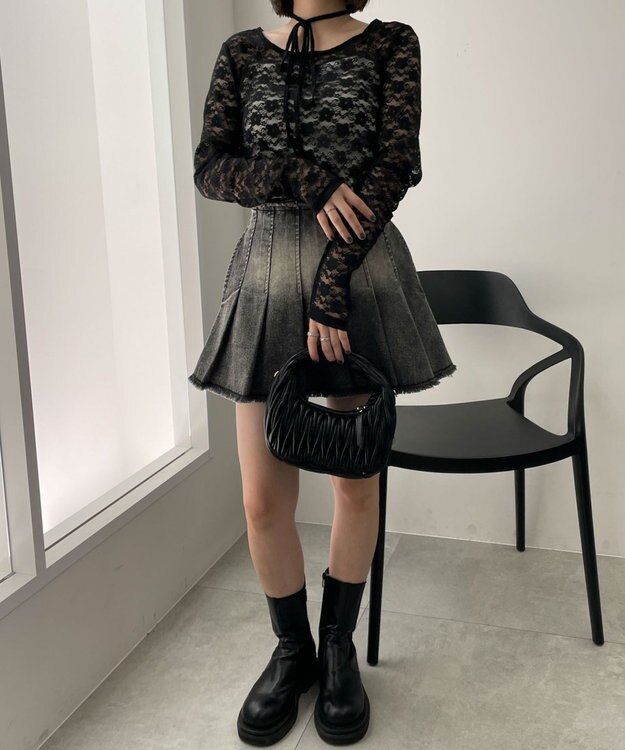 WEGO チョーカーリボン付きレースロンT ブラック