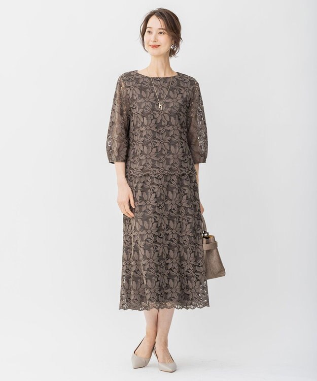 自由区 【洗える】フラワーコードレース ペプラムブラウス カーキ系