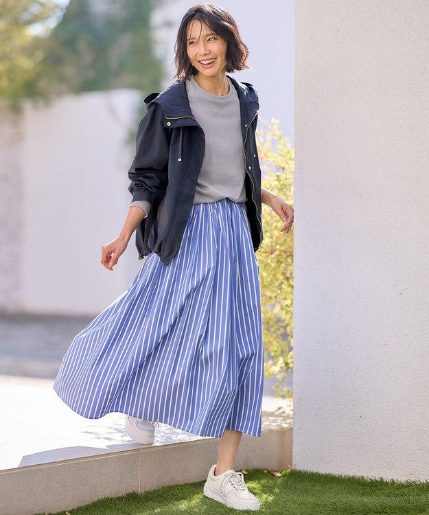 ANY 【ウエストゴム】タックギャザースカート ブルーストライプ