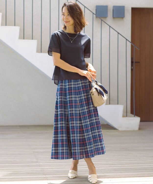 J.PRESS LADIES コットンリネン Light マドラスチェック フレア スカート ネイビー系