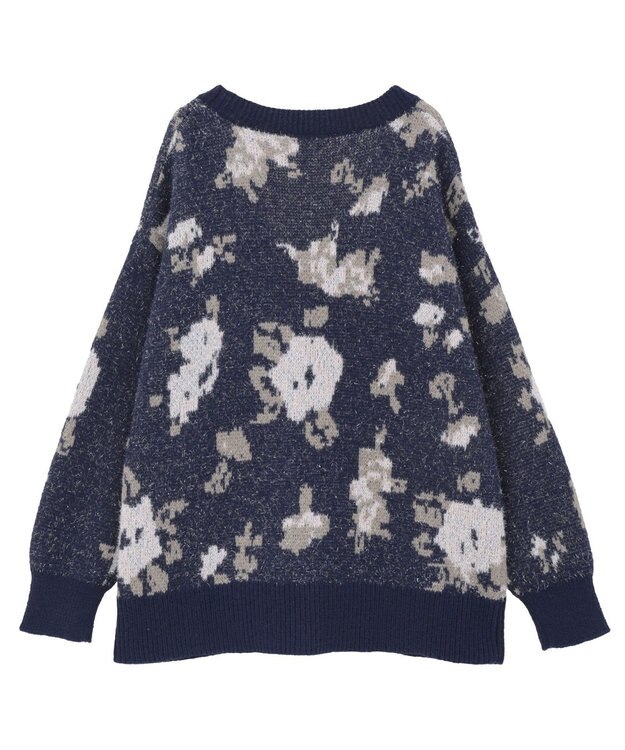 earth music&ecology フラワージャガードラメシャギーカーディガン Navy