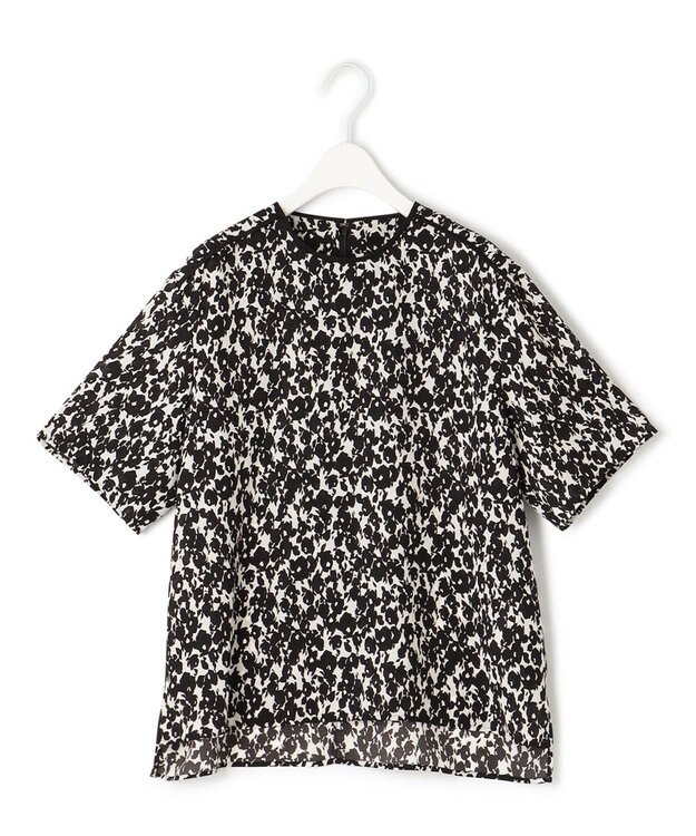 ICB 【洗える】シルエットフラワープリント Tブラウス ブラックベース柄