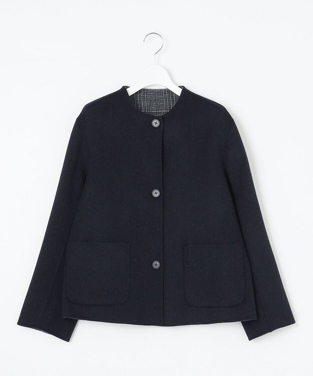 J.PRESS LADIES L 【リバーシブル】ウールナイロン リバー チェック ショート コート ネイビー系