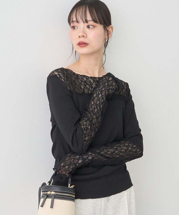 earth music&ecology レース×アイレットプルオ－バー Black