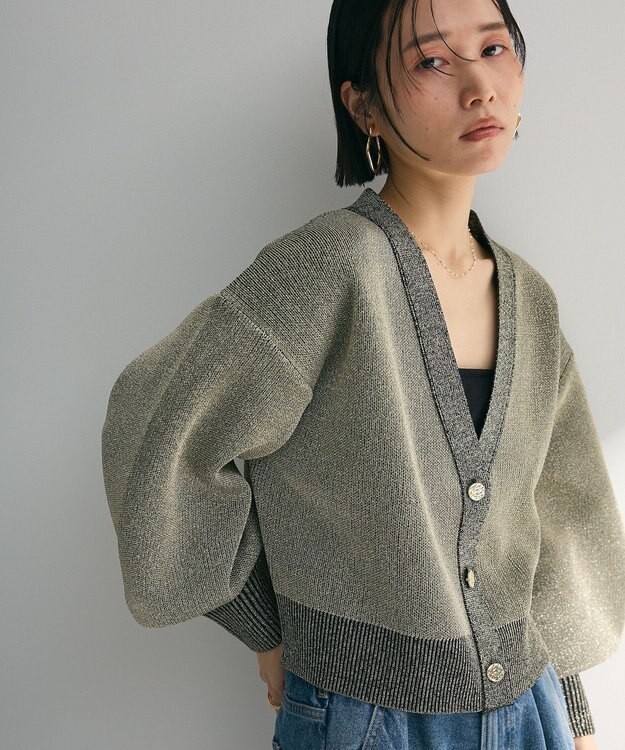 Green Parks ・ＥＬＥＮＣＡＲＥ　ＤＵＥ　ラメＶネックカーディガン Black