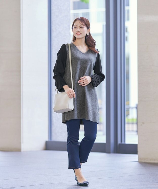 Tiaclasse 【洗える】タック袖コンビニットチュニック チャコールグレー