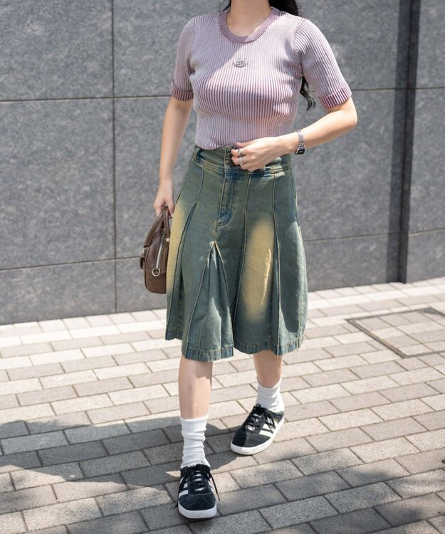 WEGO ヴィンテージウォッシュデニムプリーツミドルスカート デニム