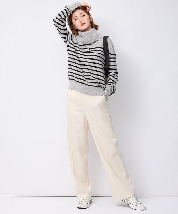 23区 S 【洗える】ピュアカシミヤ ボーダー ニット ライトグレー×ブラックボーダー