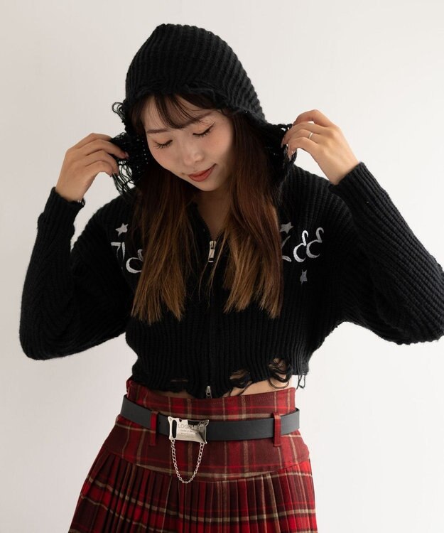 WEGO 刺繍ダメージニットWZIPパーカー ブラック