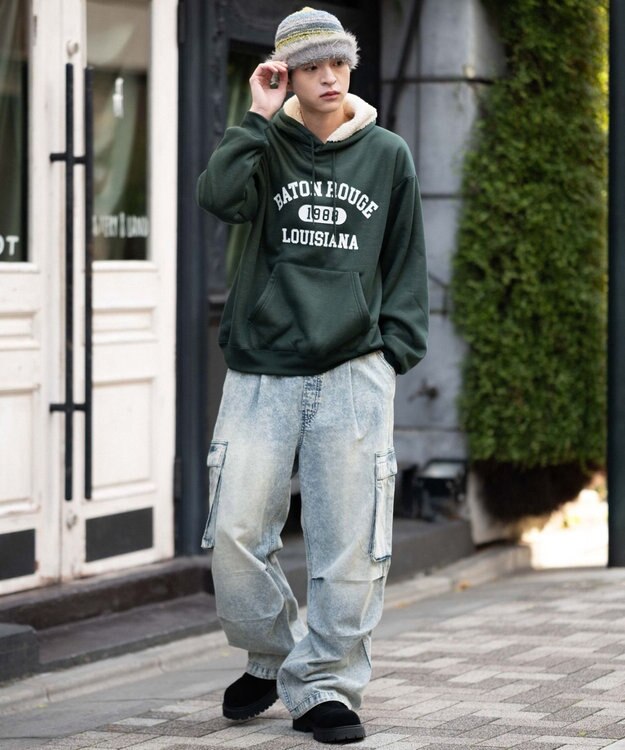 WEGO 【ユニセックス着用ITEM/裏起毛】カレッジロゴボアパーカー ダークグリーン