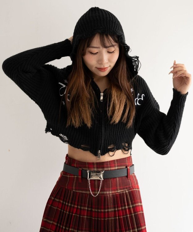 WEGO 刺繍ダメージニットWZIPパーカー ブラック