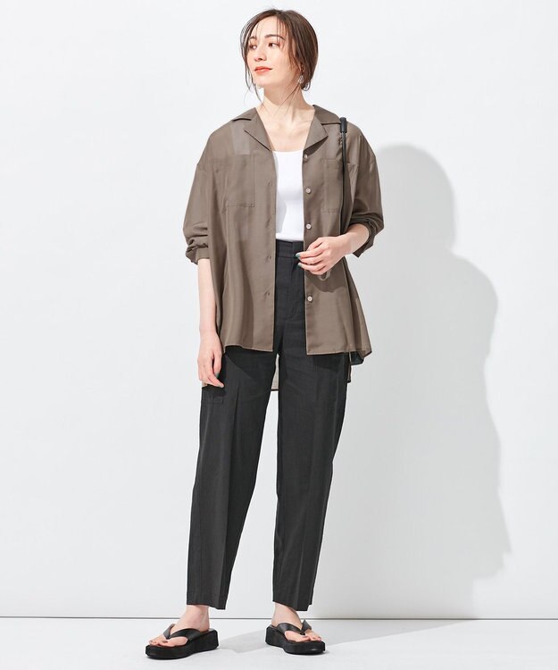 自由区 【洗える/シワになりにくい】オープンカラー シアーブラウス ブラウン系