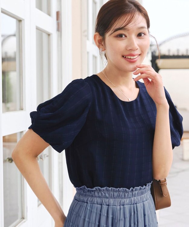 Tiaclasse 【洗える】ツイスト袖チェックブラウス ピンク