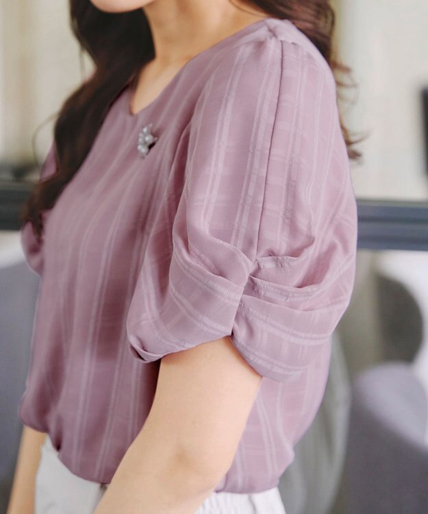 Tiaclasse 【洗える】ツイスト袖チェックブラウス ピンク