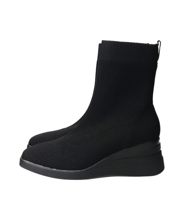 INTER-CHAUSSURES 【BUSSOLA】スクエアトゥウェッジヒールニットブーツ ブラック雑材
