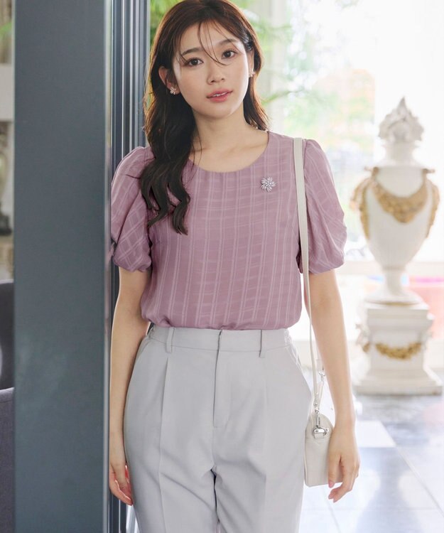 Tiaclasse 【洗える】ツイスト袖チェックブラウス ピンク