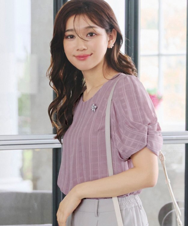 Tiaclasse 【洗える】ツイスト袖チェックブラウス ピンク