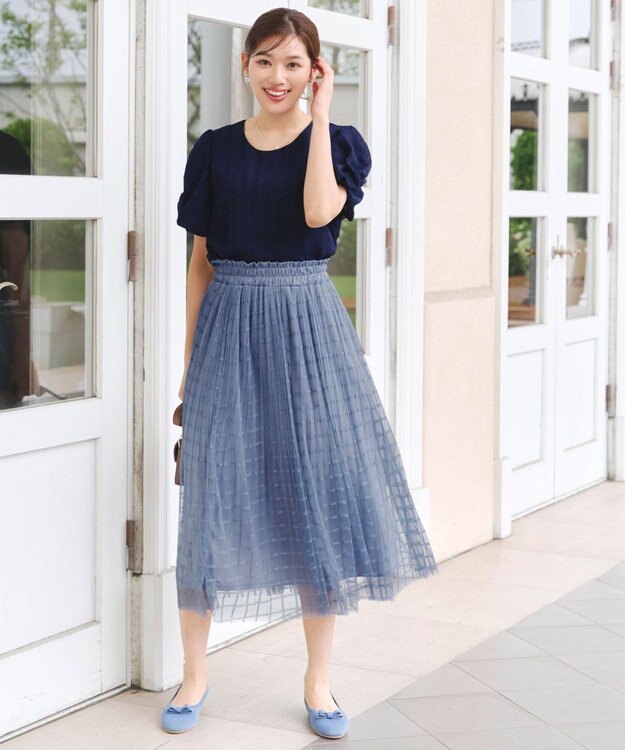 Tiaclasse 【洗える】ツイスト袖チェックブラウス ネイビー