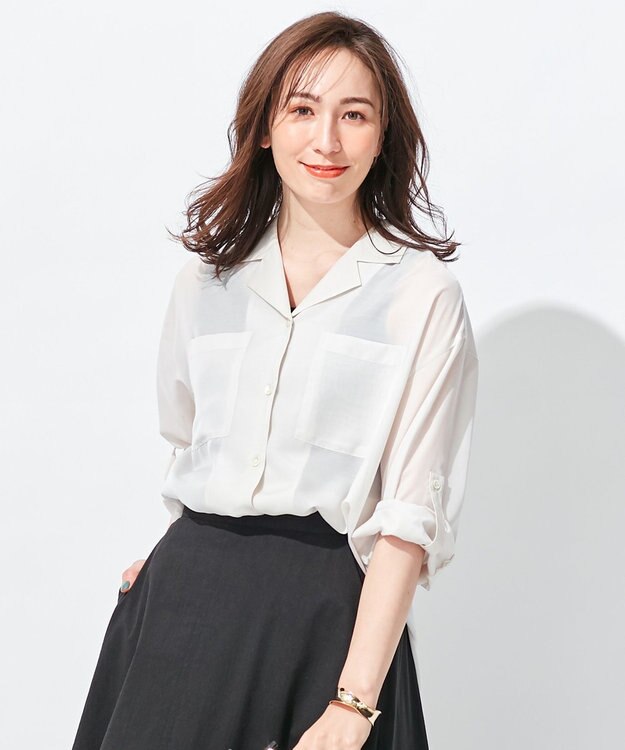 自由区 【洗える/シワになりにくい】オープンカラー シアーブラウス ベージュ系